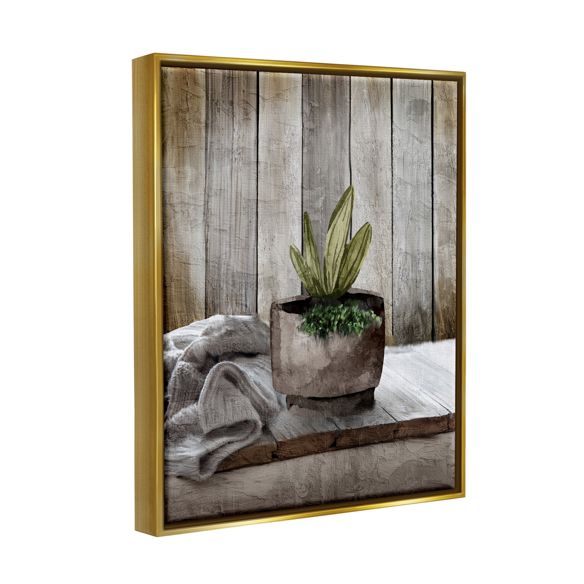 Stupell Industries Potted Plant Still Life Botanical & Floral Painting Gold Floater Framed Canvas Art Print Wall Art, 17 x 21