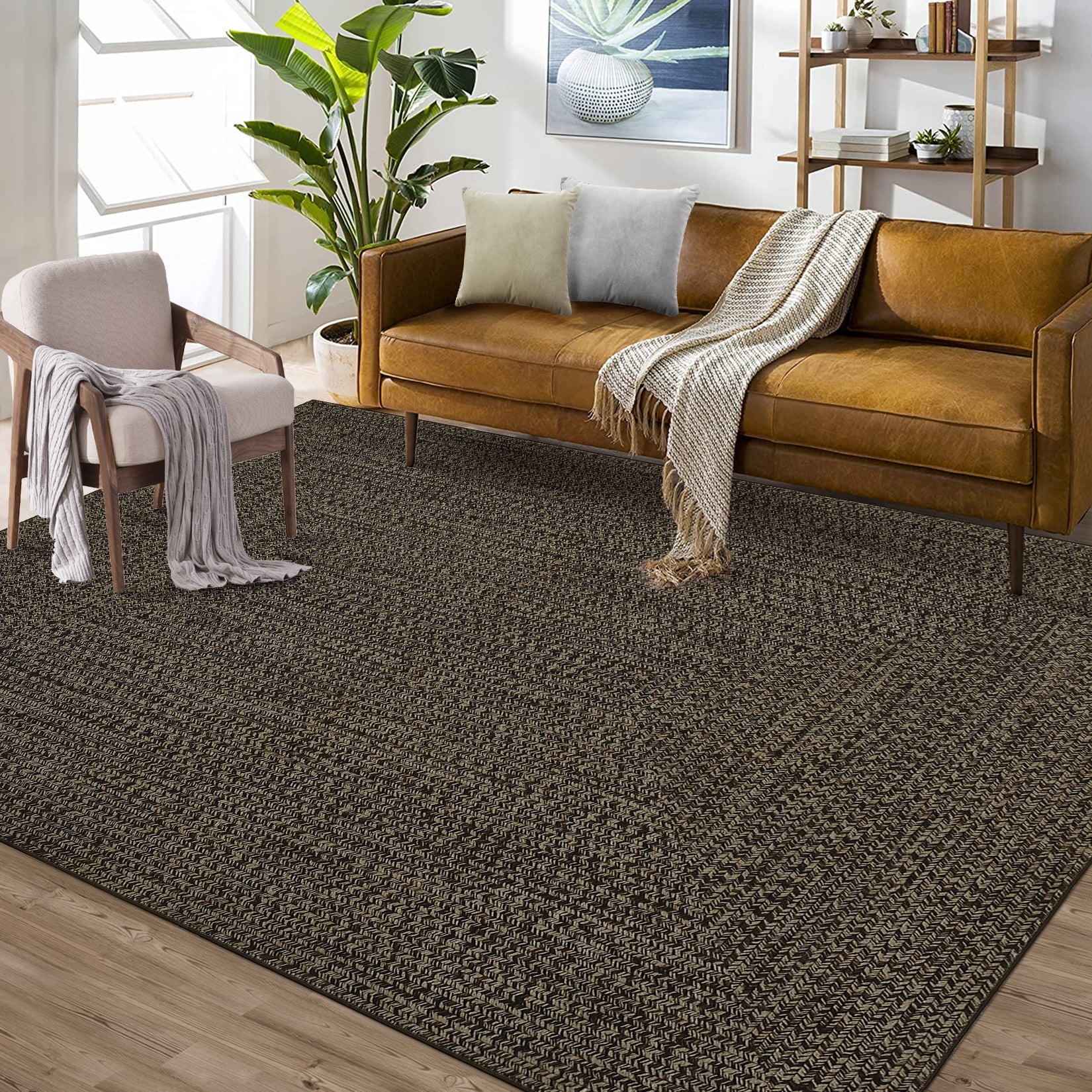 Garvee 9'x12' Large Area Rugs Braided Print Rug, Machine Washable Indoor Rug Non-Slip Low Pile Farmhouse Solid Carpet for Bedroom, Living Room, Dining Room Office, Brown