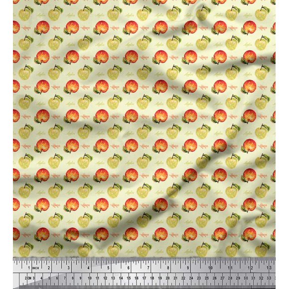 Soimoi Crêpe Satin Jaune du Japon Tissu Imprimé Texte et Fruits Tissu au Mètre 42 Pouces de Large