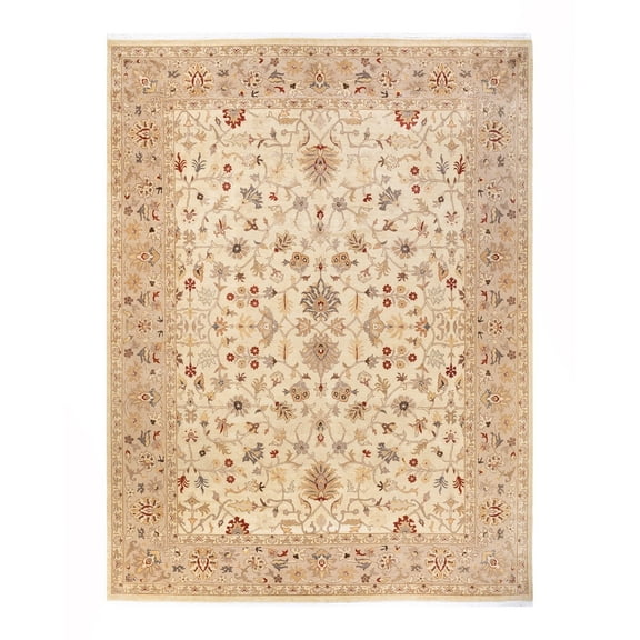 Hand-Knotted Wool Oriental Traditional Ivory Area Rug 9' 3" x 12' 3"