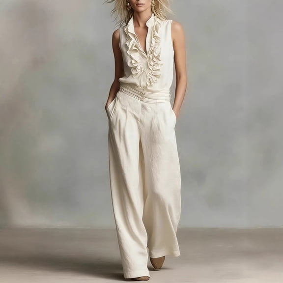 Maqroz Summer Outfits for Women Two Piece Sets Ruffle V Neck Sleeveless Tops and Wide Leg Trousers Matching Elegant Vacation Lounge Wear