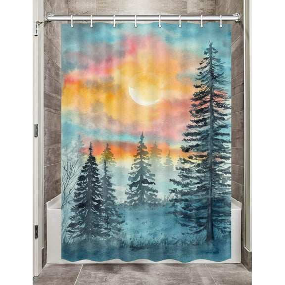 Watercolor Forest Camper RV Shower Curtain for Travel Trailers Bathroom, Blue and Grey Woodland Tree Country Camping Fabric Shower Curtains Set, Natural Landscape Decor Accessories with Hooks 36X72