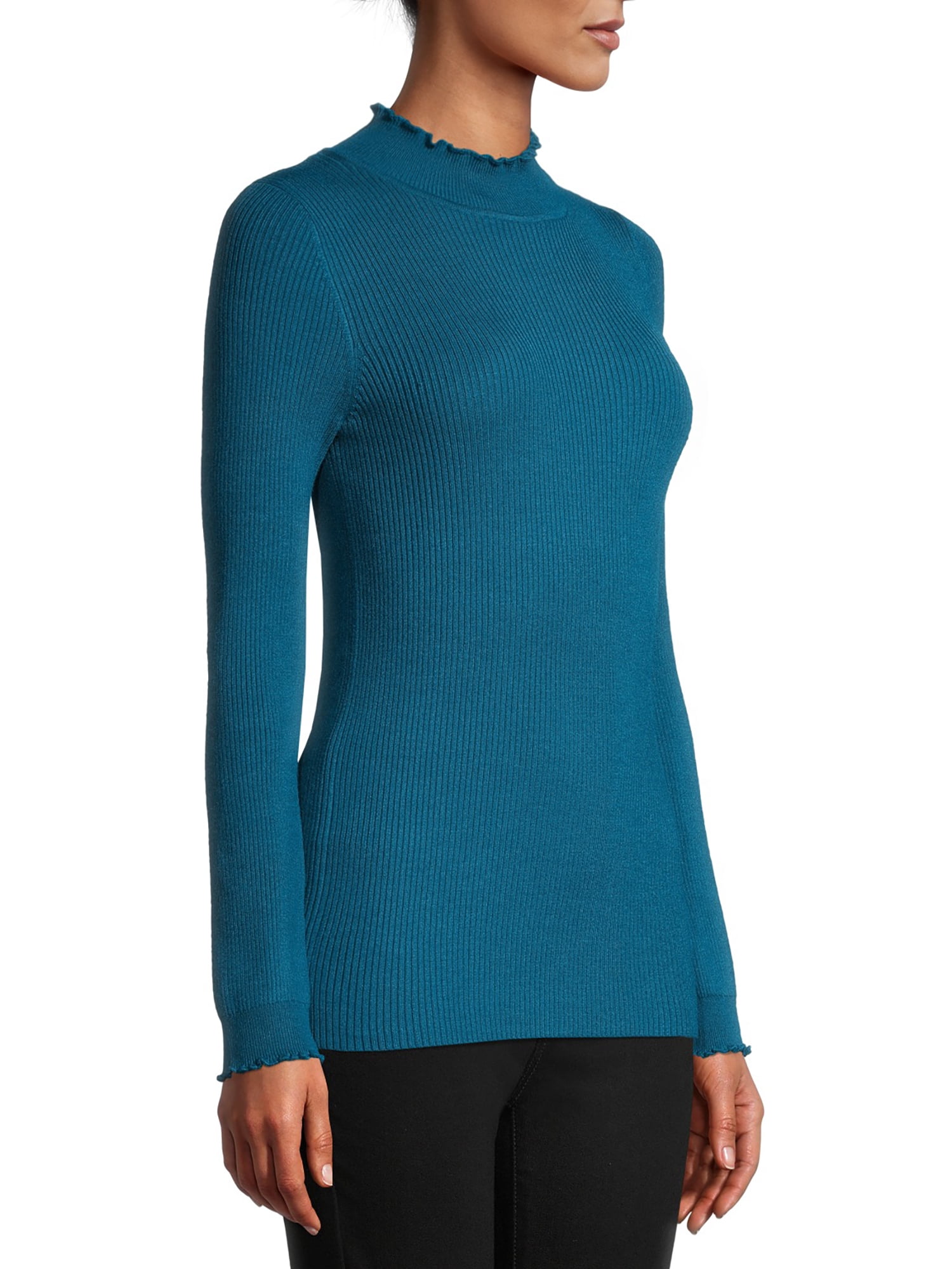 Time and Tru Women's Ribbed Lettuce-Edge Turtleneck