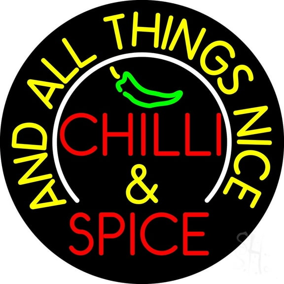 Chilli And Spice Circle LED Neon Sign 26 x 26 - inches, Black Square Cut Acrylic Backing, with Dimmer - Bright and Premium built indoor LED Neon Sign for restaurant window and interior decor.