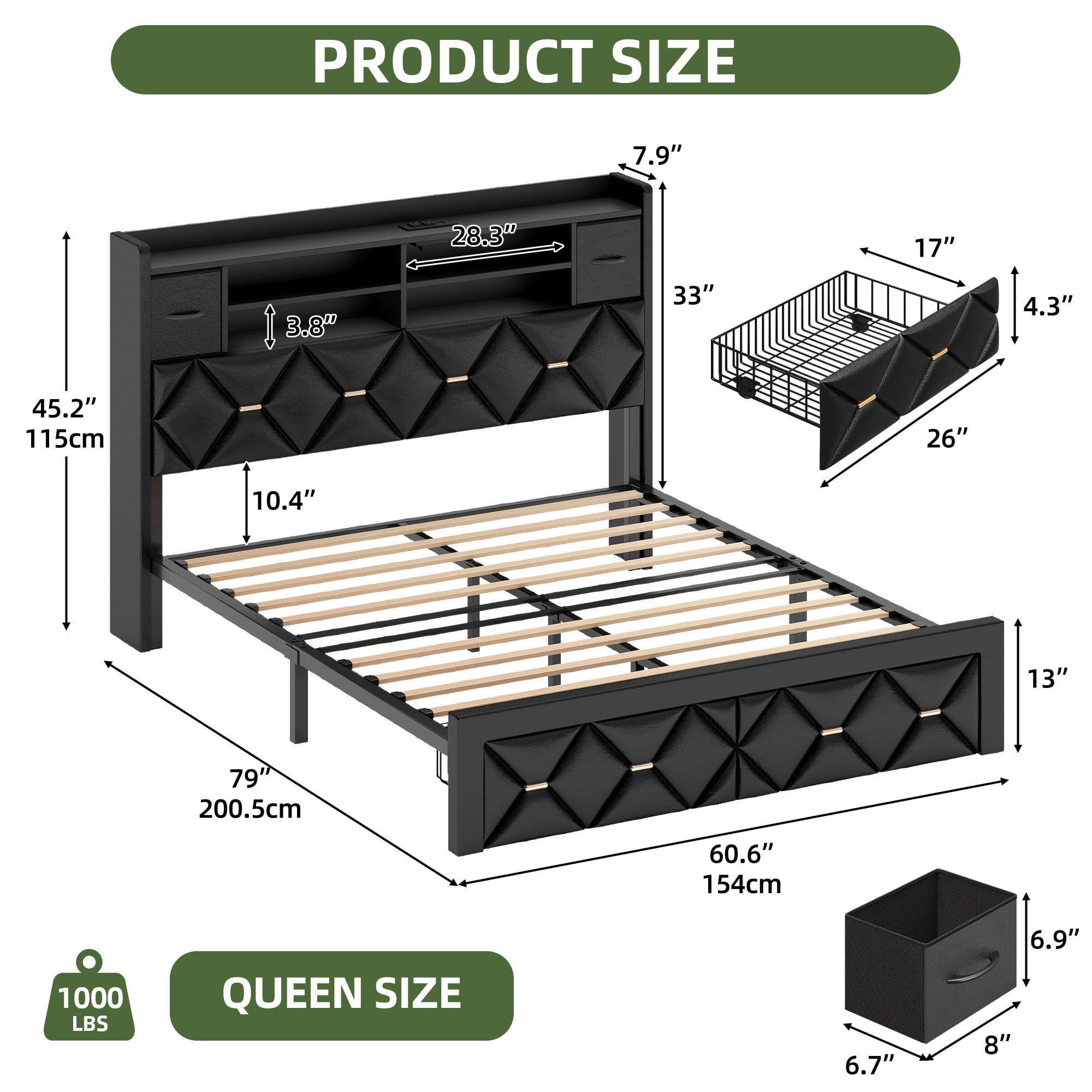 Uforic Queen Size Bed Frame with Storage & Power Outlets, PU Leather Bed Frame with LED Lights, Black