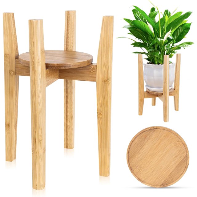 Adjustable Plant Stand with Tray Indoor Wood Plant Stand Fit ‘‘ to ‘‘ Planter Mid Century Modern Flower Pot Holder Rack(Plant and Pot Not Included) Walnut