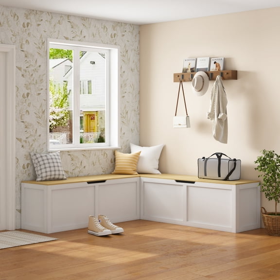 Right-angle Light-colored Storage Bench - Extra-large Storage Compartment, Easy to Assemble for Entryway, Living Room & Bedroom,White