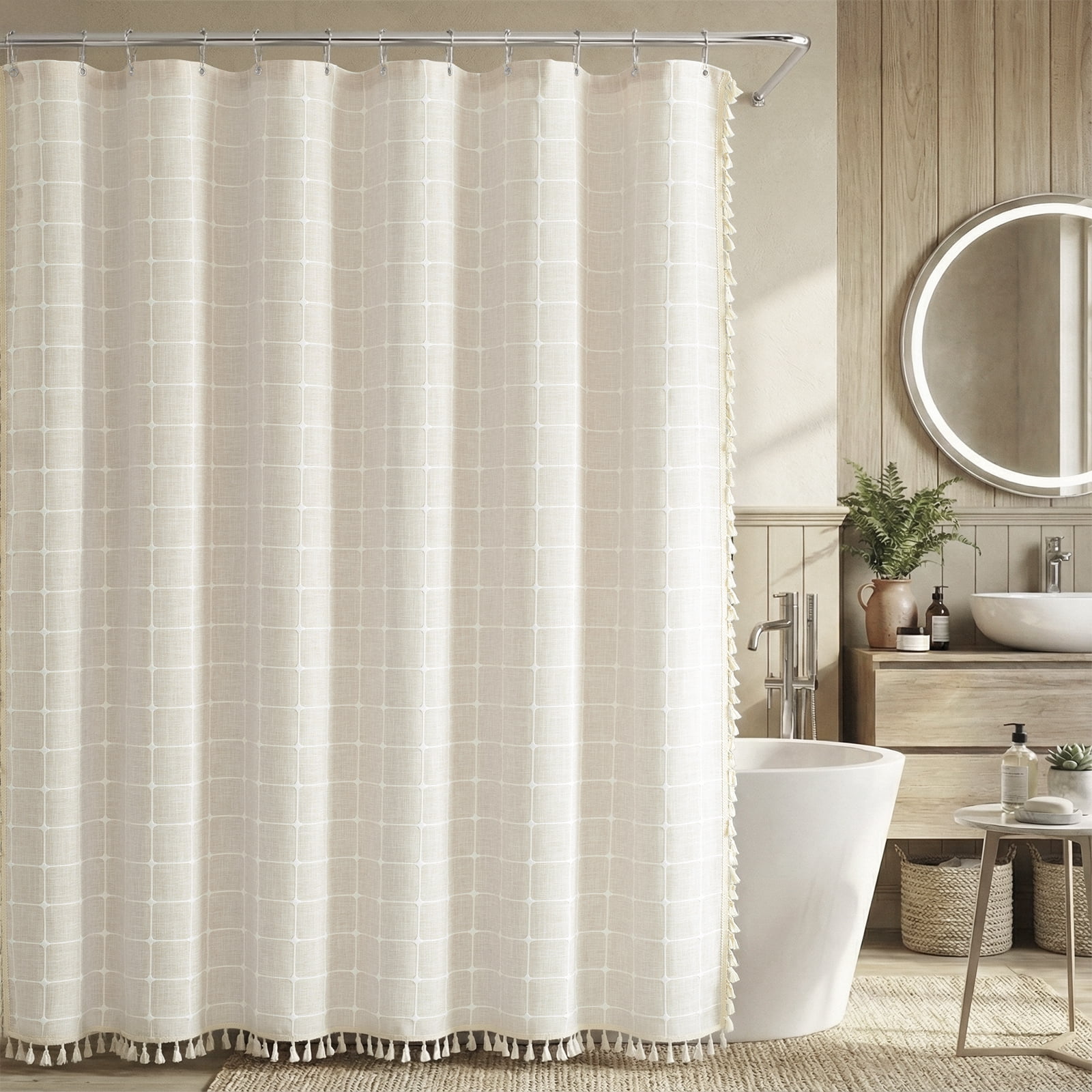 Lipa Boho Farmhouse Shower Curtain,Rustic Linen Blend Grid Shower Curtain with Tassels,Bathroom Shower Curtain with 12 Hooks,Beige,72" x 72"