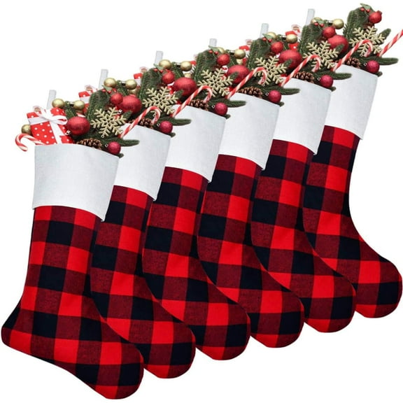 Christmas Stockings, Happiwiz 6 Pack 18 Inch Red Black Buffalo Plaid Christmas Stockings Fireplace Hanging decor for Family Christmas Decoration Holiday Season Party Décor