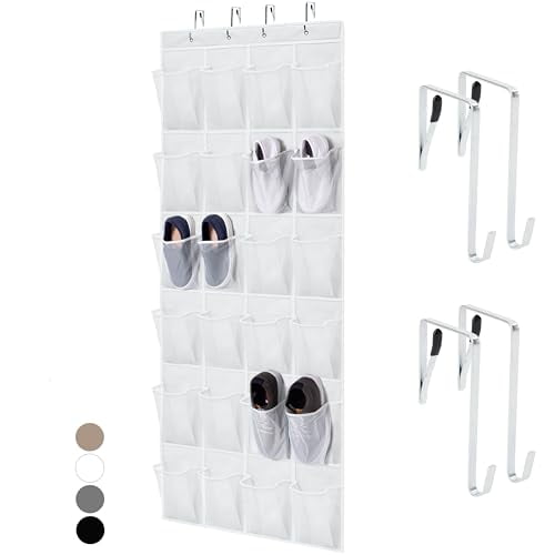 HOME GENIE Over The Door Hanging Shoe Organizer, 24 Breathable Mesh Pockets, Closet Rack Storage Holder, Stay in Place Hooks Hang on Closets, Hanger Holds Up to 40 lbs for Shoes, Accessories, White