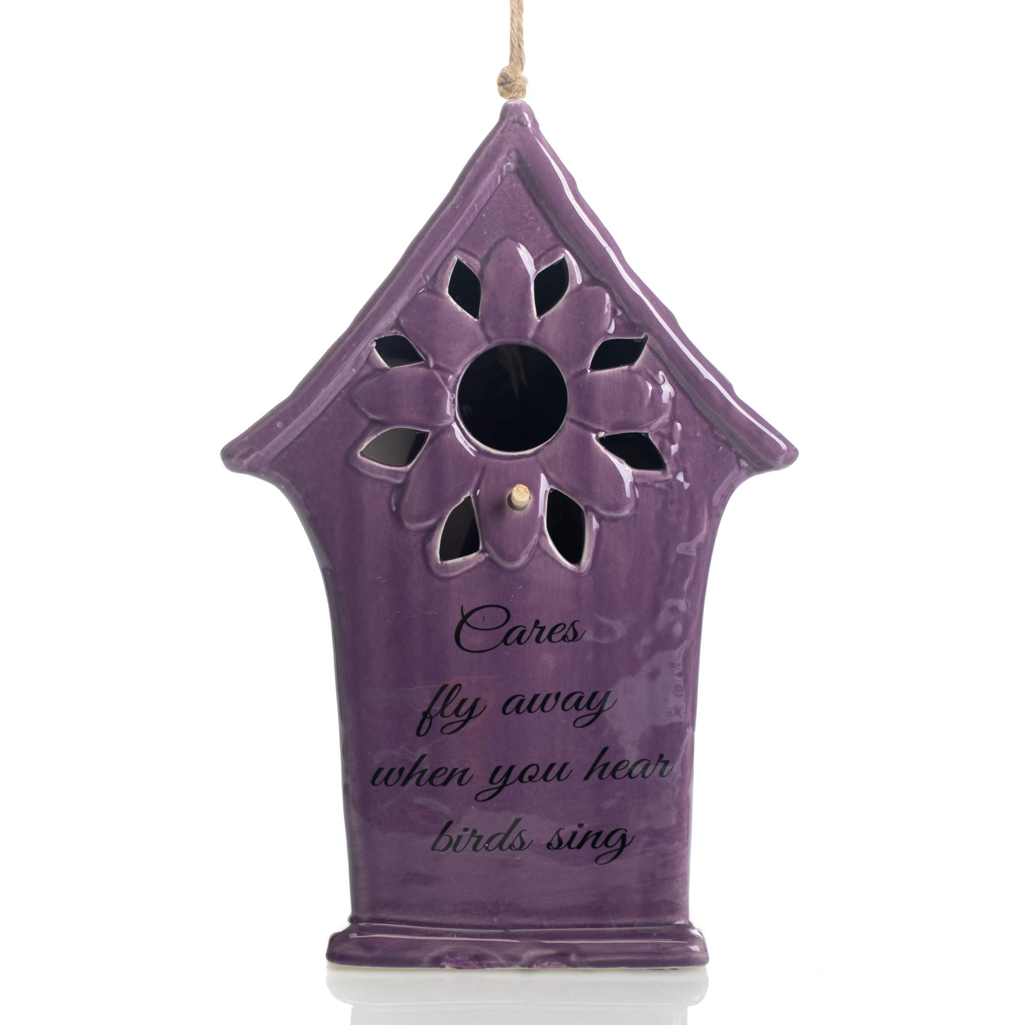 Drew DeRose Cares Fly Away When Hear Birds Sing Sunflower Purple 11 x 6 Ceramic Hanging Birdhouse
