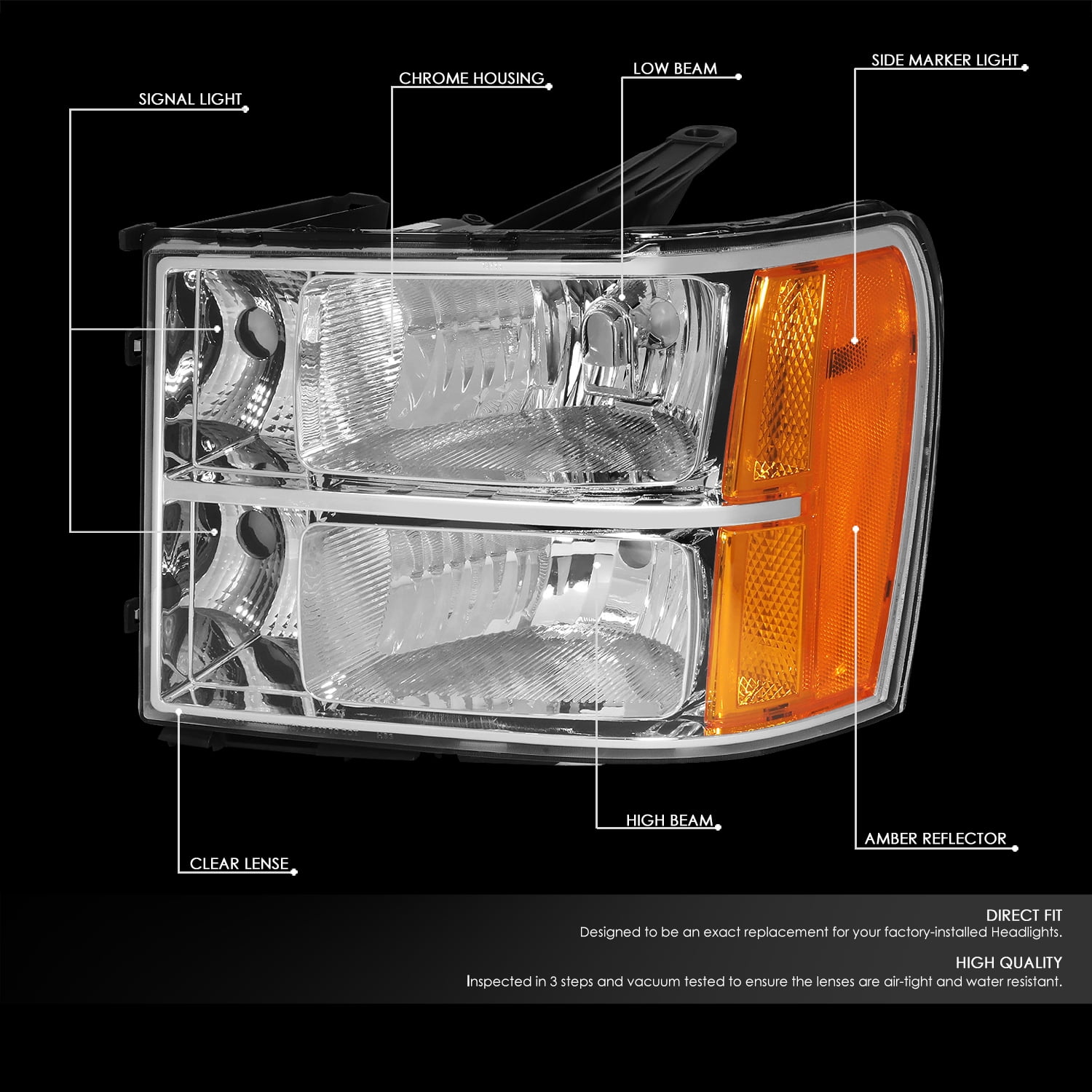 DNA Motoring For 07-14 GMC Sierra 1500 2500 3500 HD Chrome Amber Corner Headlight Lamps Pair
