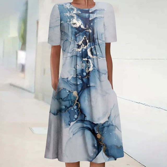 Robe Maxi Grande Taille pour Femme Été Bohème à Imprimé à Manches Courtes Robe de Plage Robe Longueur Genou Robe à Manches Courtes en Liquidation