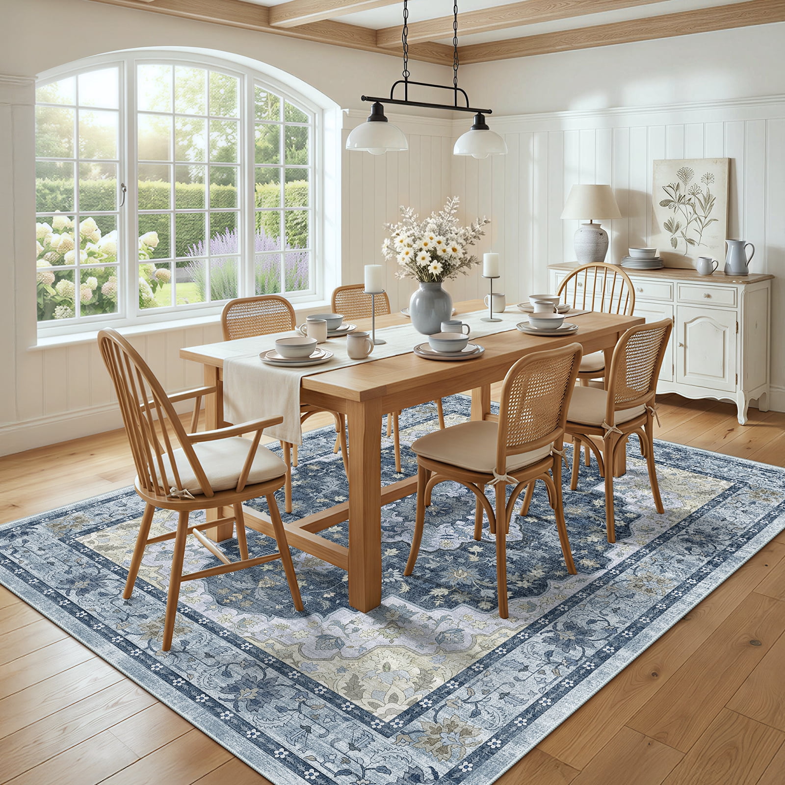 CHITOOMA 8'x10' Area Rugs for Living Room, Boho Machine Washable Floral Area Rug with Non-Slip Backing, Stain Resistant Non-Shed Carpet for Bedroom, Dining Room, Dorm, Office