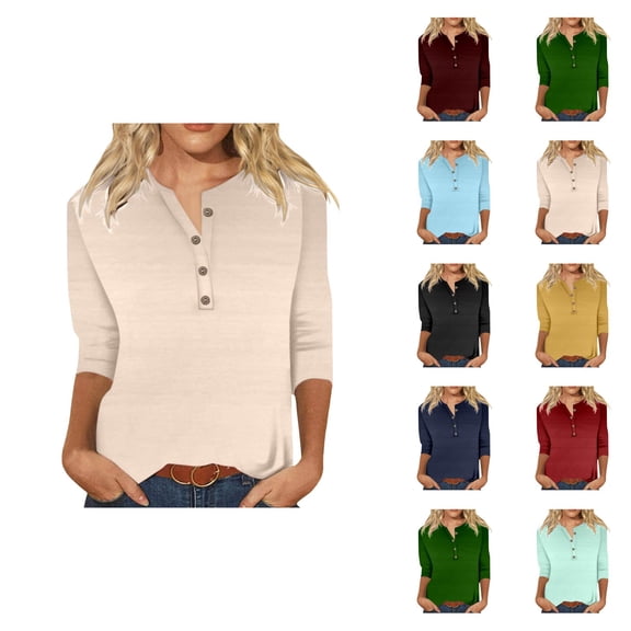 3/4 Length Sleeve Womens Tops Spring Summer Casual Relaxed Fit V Neck Basic Plain T Shirts Blouse Work Shirt