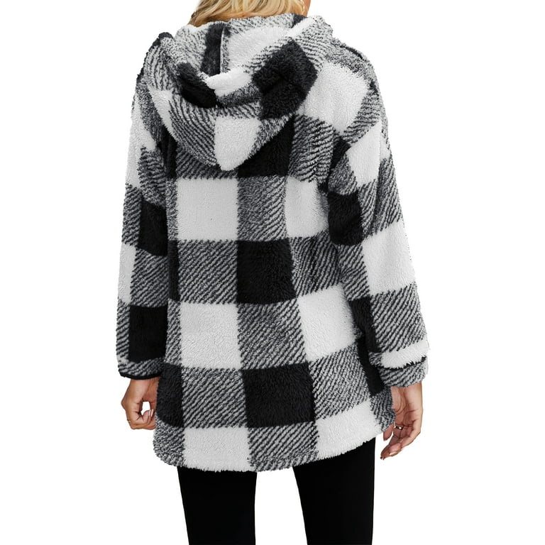 a.Jesdani Women s Full Zip Fleece Jacket Long Sleeve Buffalo Plaid Warm Hooded Coats Outerwear with Pockets S XXL