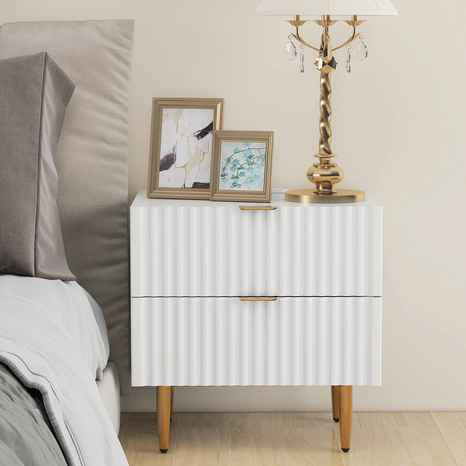 Kadyn Nightstand with 2 Drawers & Golden Handle, Storage Wood Bedside Table with USB Charging Ports, Modern Night Stand for Bedroom, Living Room, Sofa Couch, White