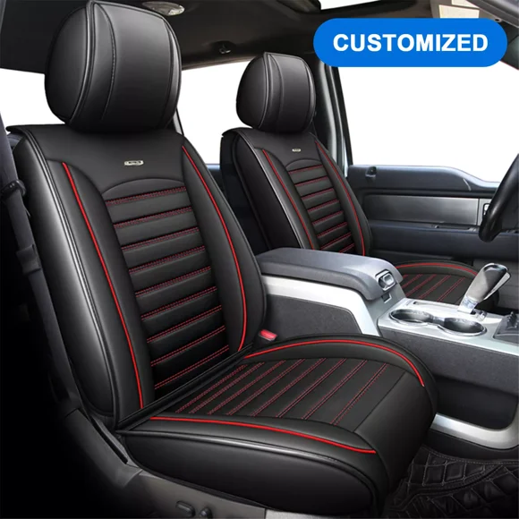 Car Seat Covers Custom Fit for 2015-2022 Ford F150 Truck PU Leather Front+Rear Full Set Black with Red Line