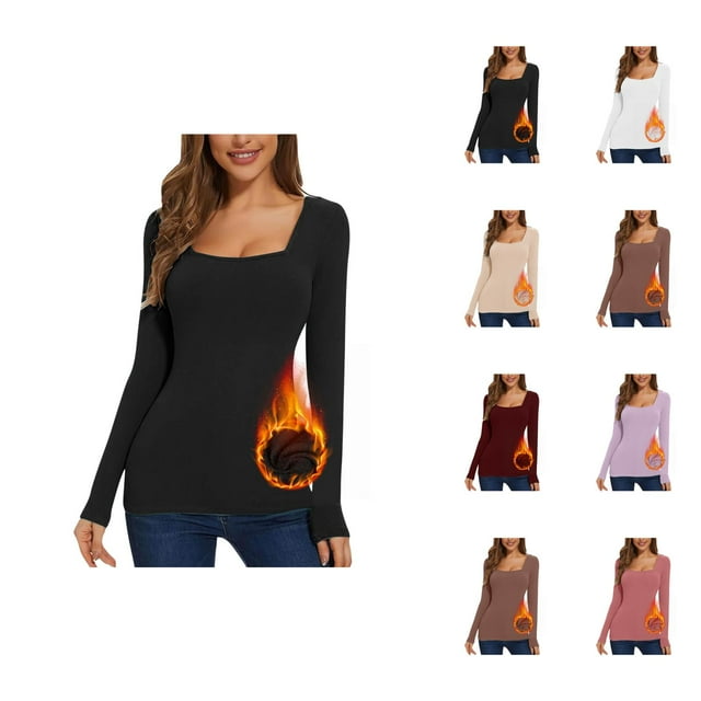 Long Sleeve Shirts for Women 2026 Fall Winter Basic Square Neck Slim Fit Breathable Undershirt T Shirts