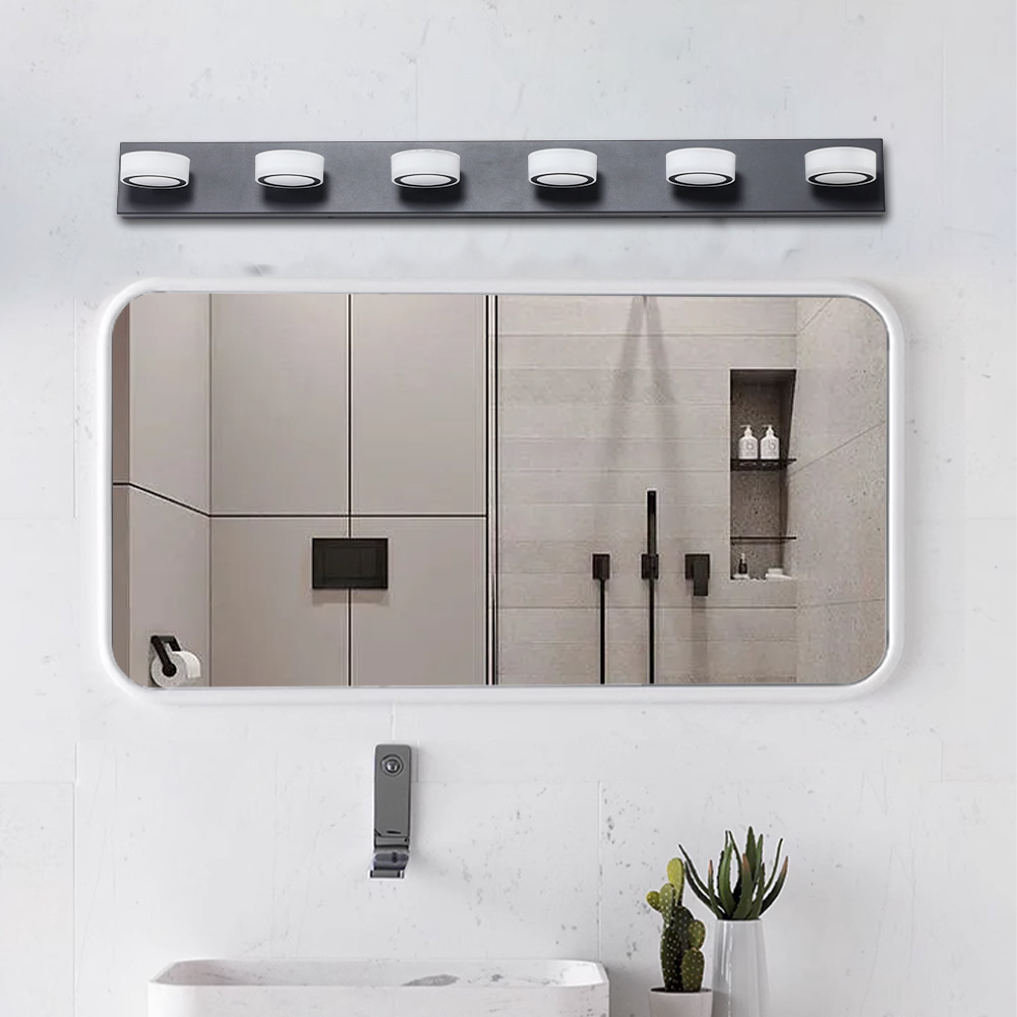 Leumius Modern 6-Light LED Vanity Light Fixture, Black Finish with Acrylic Light Shades, Energy-Efficient Bathroom Wall Sconce, Dimmable for Mirror, Shower and Bathroom Decor