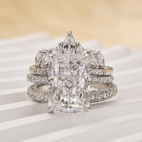 Veda Jewel 2.7 Ct Radiant Cut Lab Created Diamond Ring - Trio Engagement Set for Her - 14K White Gold Plated Elegant Solitaire Ring with Accents - Wedding Jewelry Gift for Women