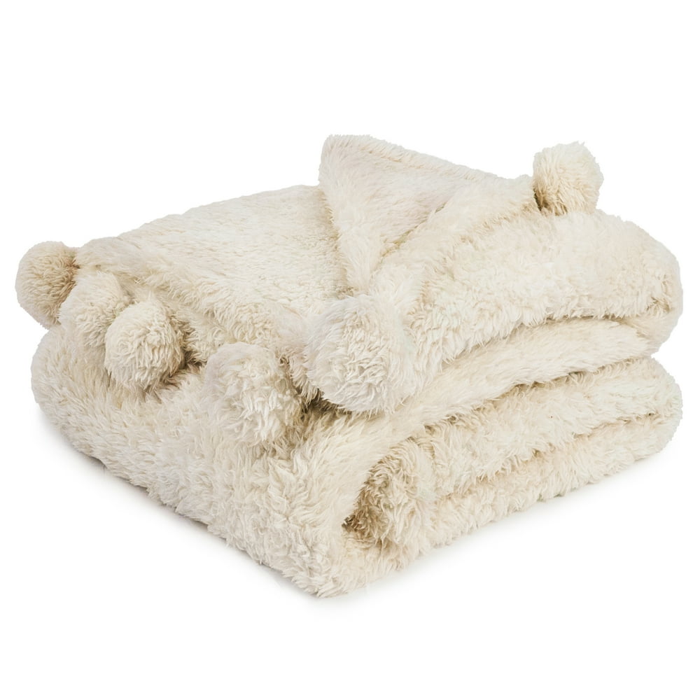 PAVILIA Cream Sherpa Throw Blanket for Couch, Pom Pom Fluffy Plush Soft Blanket for Sofa Bed