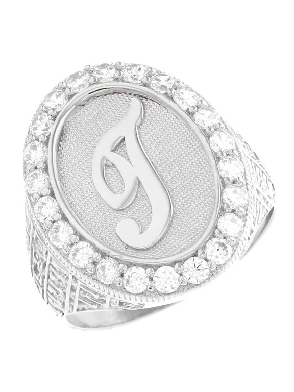10k White Gold Mens Oval Halo White CZ Initial Letter T Ring