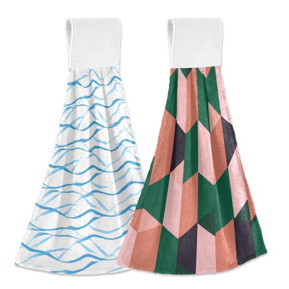 IAUYY Kitchen Hanging Towels Set of 2 100% Polyester Absorbent, Super Soft Hand Towels with Hanging Loops for Bathroom Kitchen Cute Blue Cube