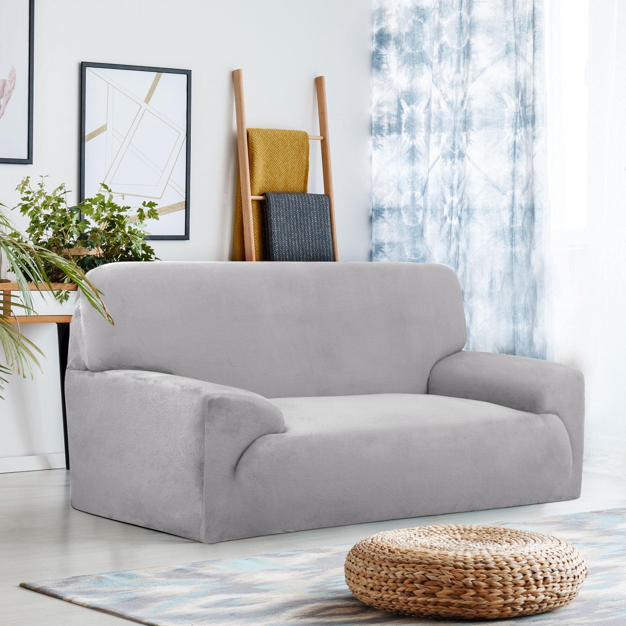 PiccoCasa Velvet Plush Stretch Sofa Slipcover with Cushion Cover, Dary Gray Large