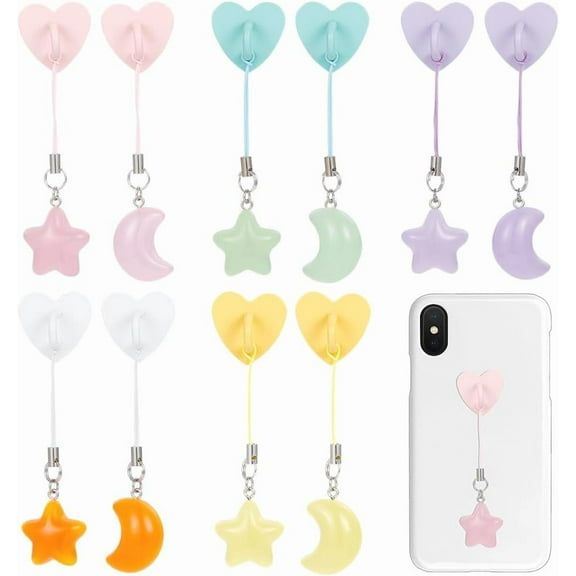 10Pcs 5 Styles Phone Strap Charms Pendants with Phone Hook Phone Holder Heart Phone Ring Self-Adhesive Phone Hook with Star Moon Pendant for Phone Purse Keychain Pendants Colorful DIY