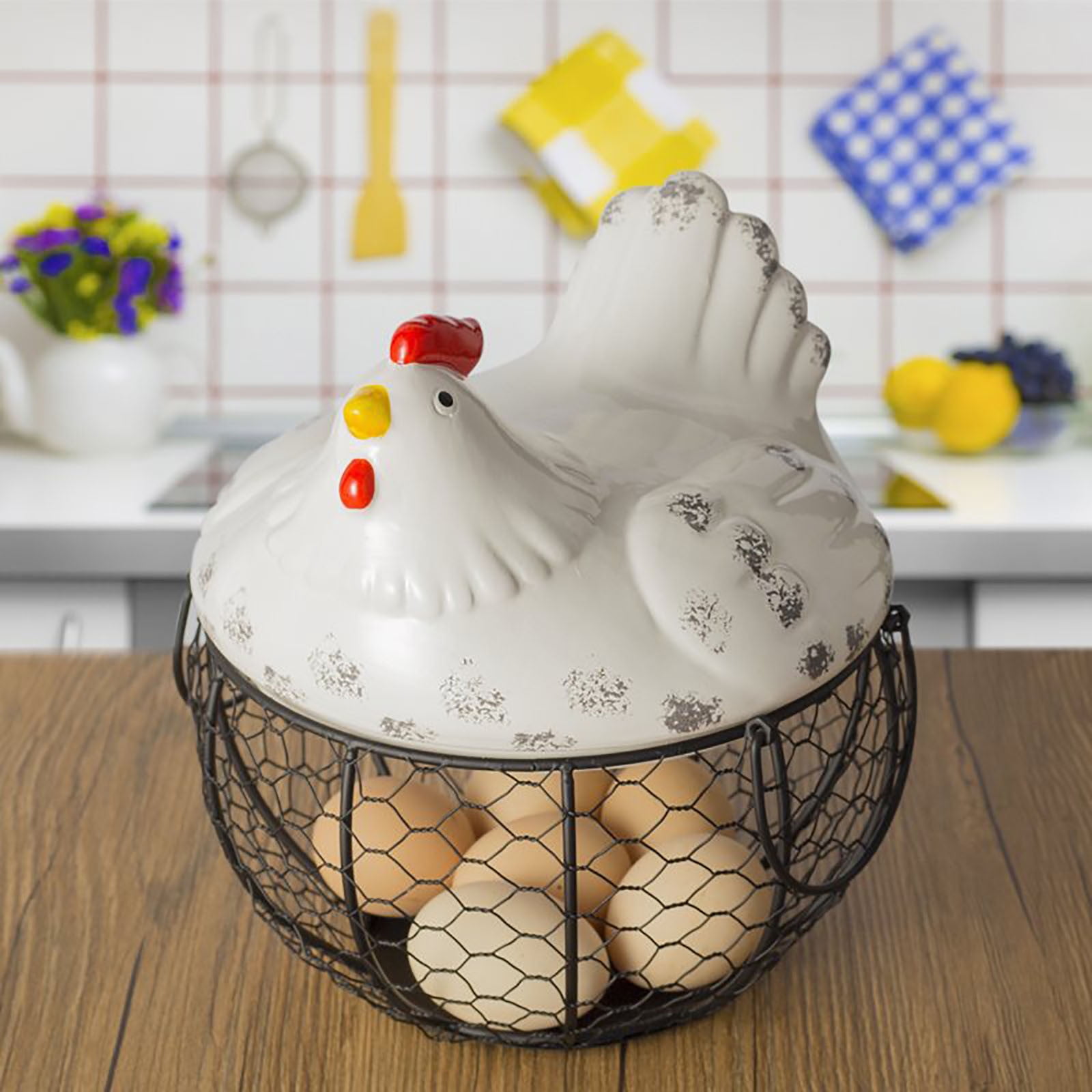 Hen-Shaped Iron Egg Basket, Chicken Egg Holder, Farmhouse Style Storage Container, Hollowed-Out Basket for Potatoes, Garlic, Kitchen Countertop Organizer, Decorative Egg Tray, HAODEJW