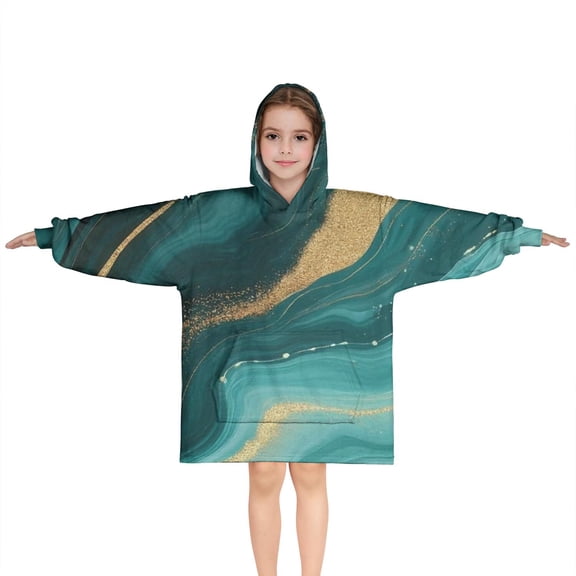 Teal Gold Marble Pattern Blanket Hoodies for Kids 6-13YR Oversize Wearable Blanket Hoodies for Boys Girls Teens
