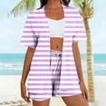 thumbnail image 6 of Frostluinai Women's Plus Size 2 Piece Outfits Striped Print Open Front Short Sleeve Kimono and Shorts Set with Pocket Travel Vacation Purple M, 6 of 7