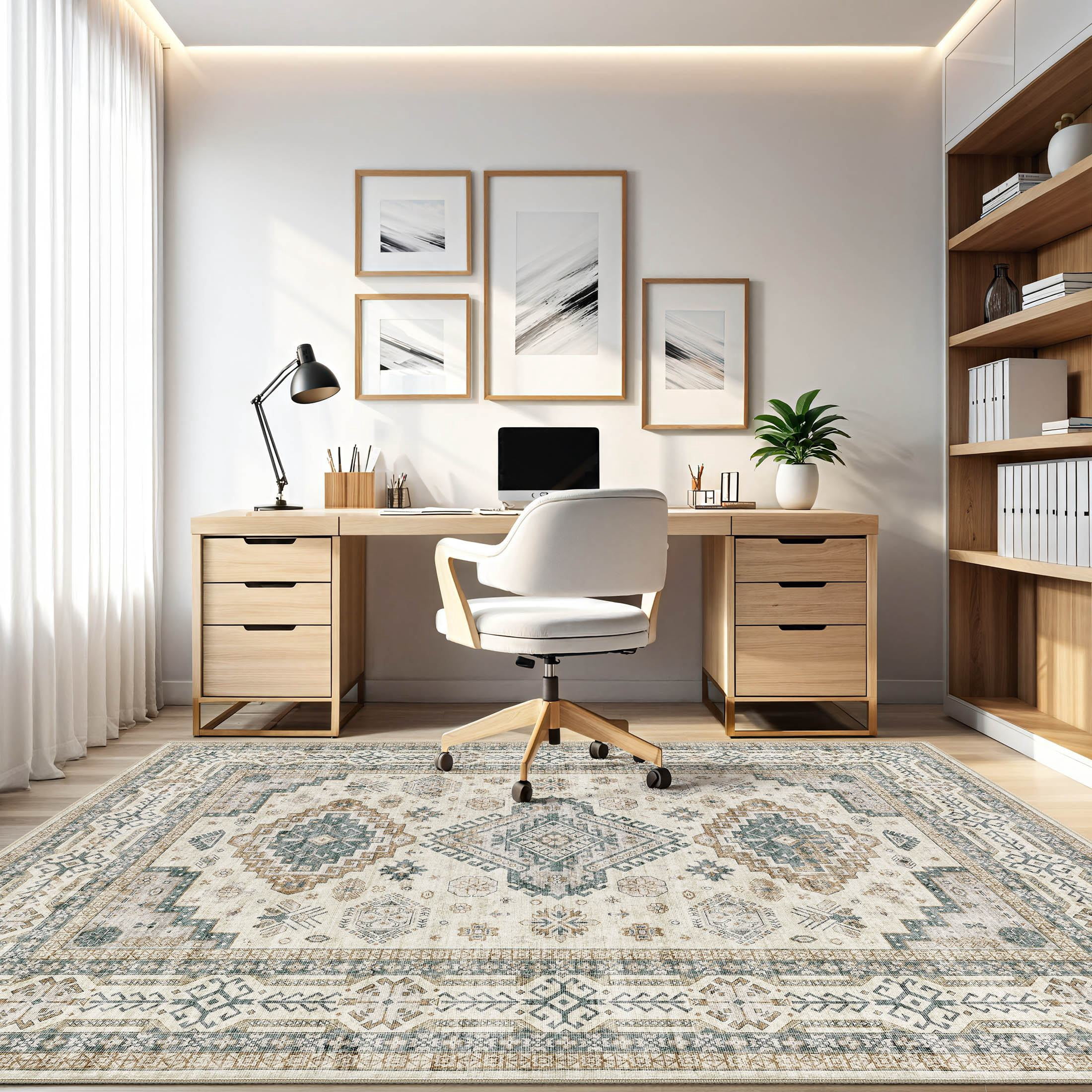 UERMEI 9'x12' Washable Area Rugs for Living Room, Modern and Vintage Non Slip Carpet, Low Pile Indoor Rug for Bedroom Home Decor Carpets, Beige Green