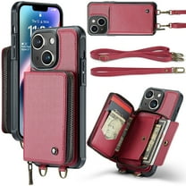 Decase for Apple iPhone 15 6.1 Inch (2023 Release),iPhone 15 Wallet Case With Crossbody & Wrist Strap,Zipper Card Pocket Stand Rugged PU Leather Phone Cover,for iPhone 15 - Red