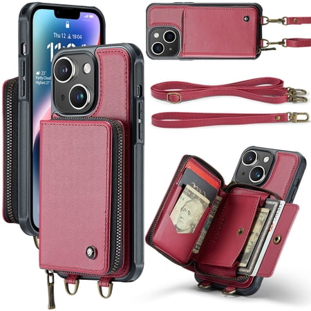 Decase for Apple iPhone 15 Plus 6.7 Inch (2023 Release) iPhone 15 Plus Wallet Case With Crossbody & Wrist Strap Zipper Card Pocket Stand Rugged PU Leather Phone Cover for iPhone 15 Plus - Red
