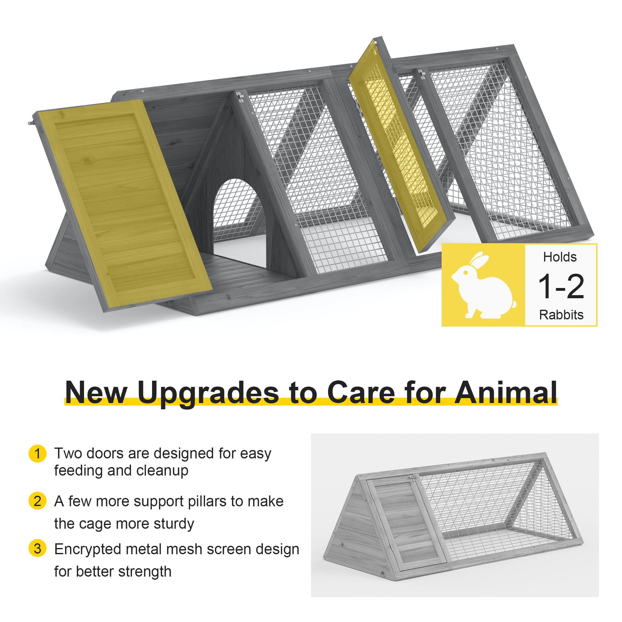 Rabbit Hutch Outdoor Small Chicken Coop Wooden Triangle Cage w/ Run and Ventilated Wire Mesh for Quail Reptile Small Animal