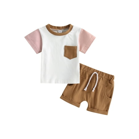 

allshope Toddler Baby 2Pcs Summer Outfits Short Sleeve Contrast Color Tops and Rolled Cuff Shorts Set