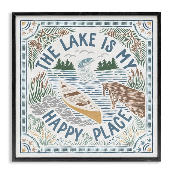 Stupell Industries Farmhouse My Happy Place Lake Phrase Black Framed Giclee Art, 24 x 24, by Laura Marshall