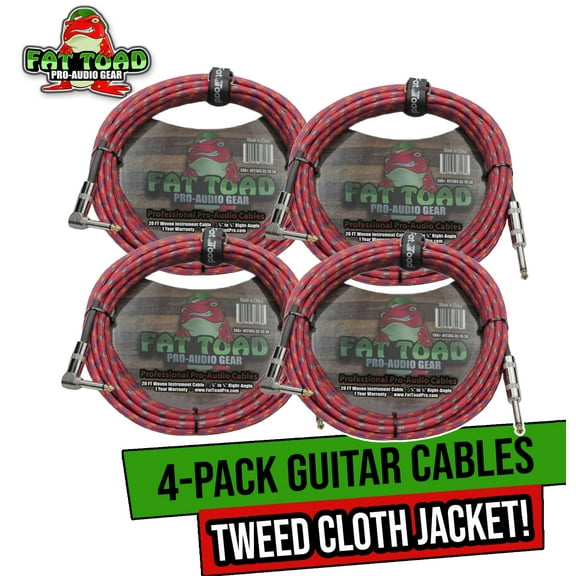 Fat Toad Guitar Cables (4 Pack) - Right Angle to Straight-End Instrument Cord Tweed Cloth Jacket - Braided Woven 20 FT 1/4 Inch Jack TS for Electric Guitar, Bass Shielded 20 AWG Patch Conductor