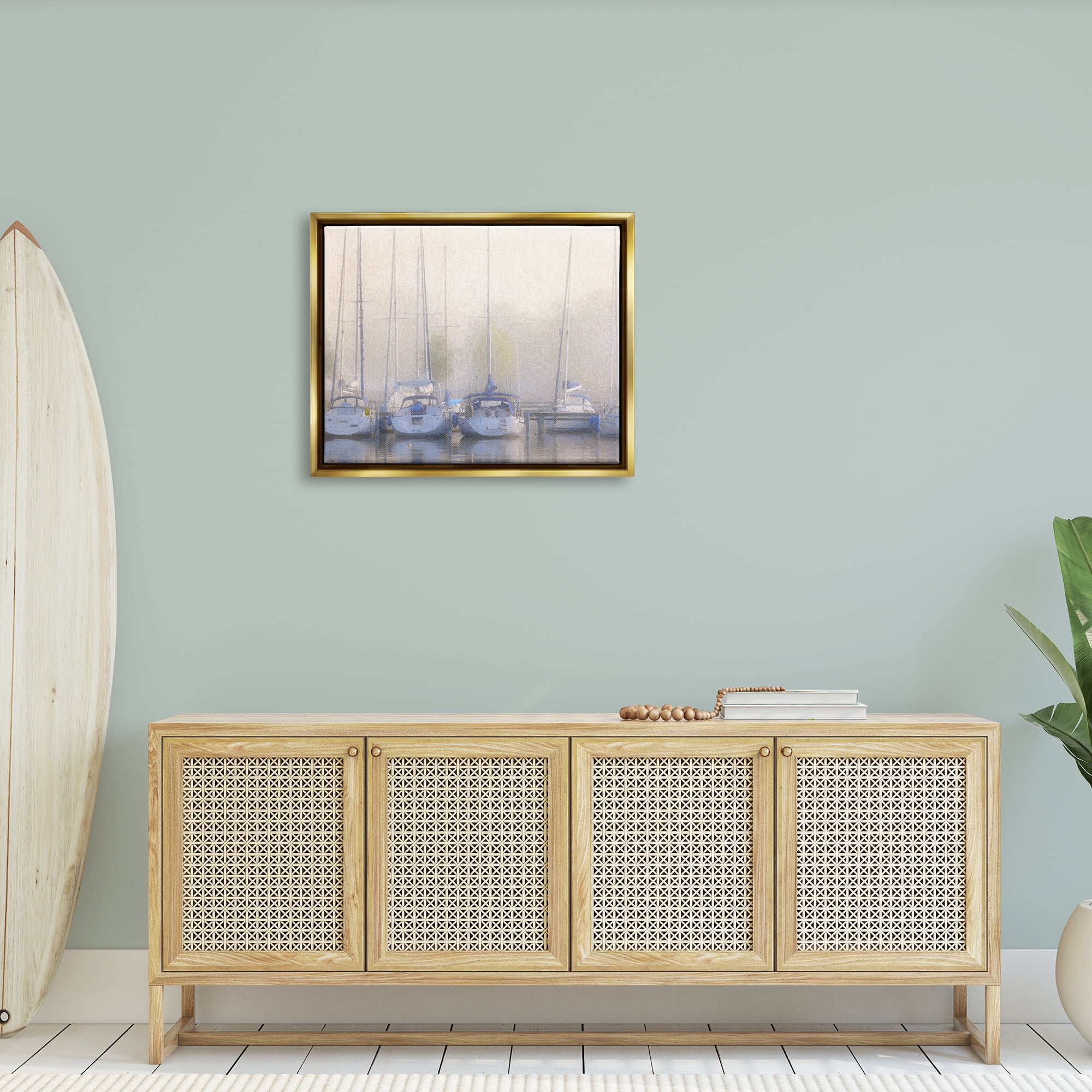 Stupell Docked Sailboats Harbor Reflection Landscape Painting Gold Floater Framed Art Print Wall Art