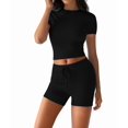 thumbnail image 2 of Women'S Two Piece Sets Summer Slim Fitted Short Sleeve Tops Foldover Shorts Matching Lounge Sets Black S, 2 of 7