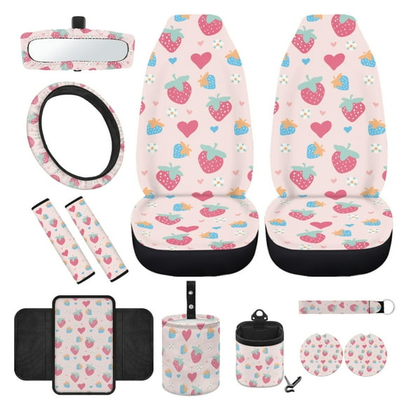 Yuyamidu Cute Strawberry Front Car Seat Cover Set Pink Steering Wheel Cover Seat Belt Pad Armrest Cover Garbage Can Air Vent Pouch Rearview Mirror Cover Coasters Keychain, 12 Pieces