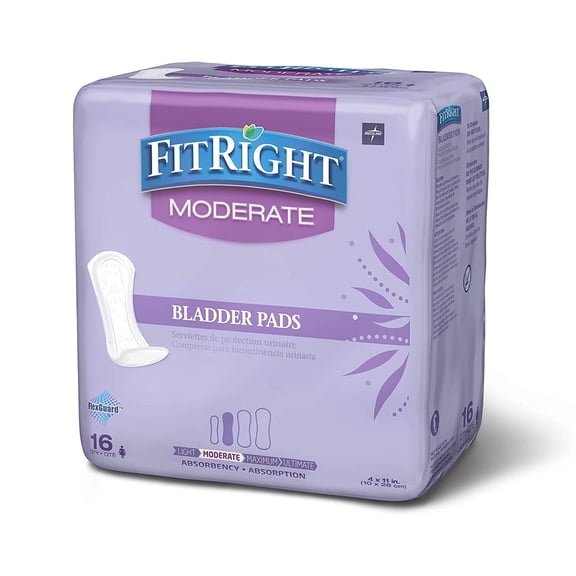 FitRight Bladder Control Incontinence Pads for Women, Moderate Absorbency, 4 x 11 in, 16 Count