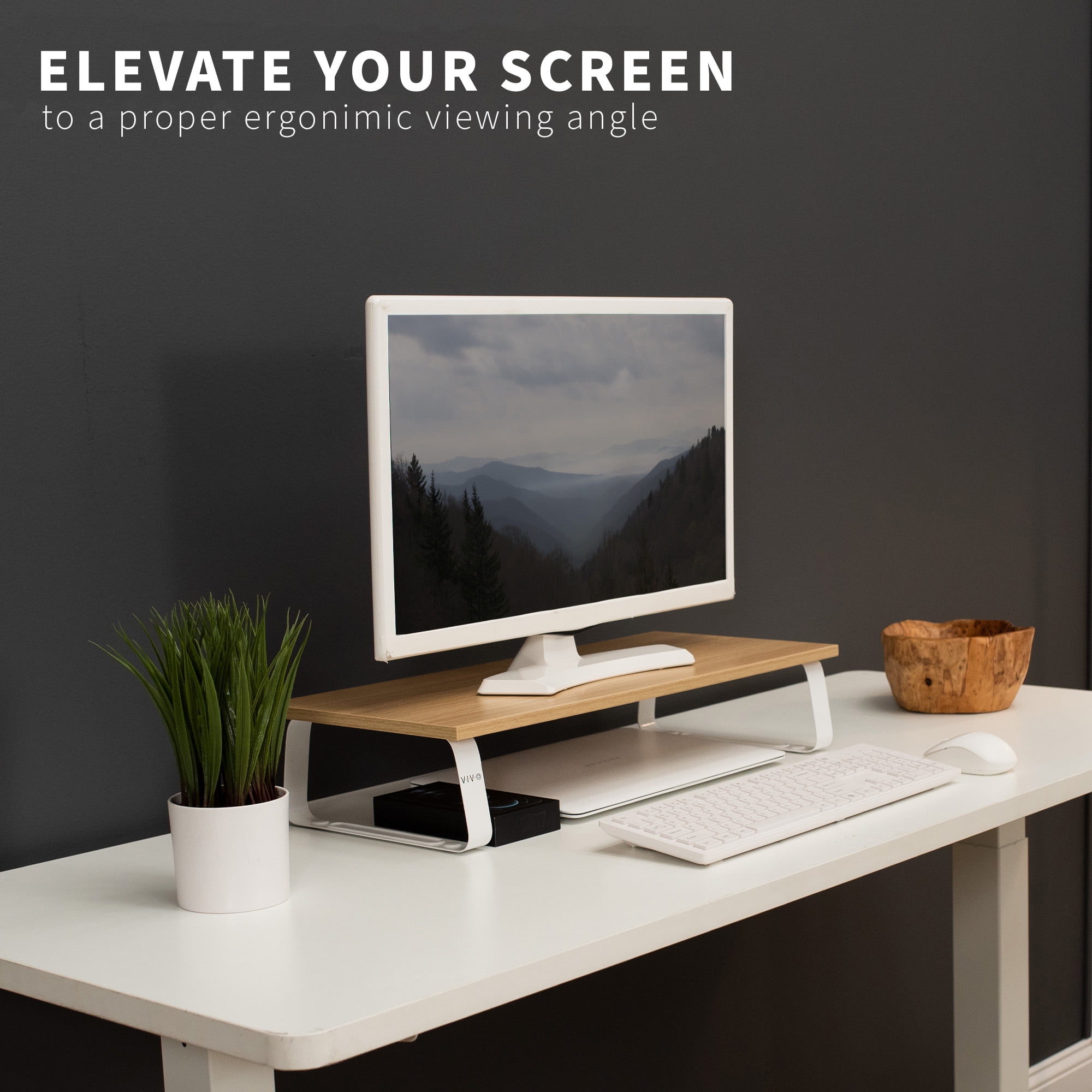 VIVO 24" Desktop Stand Organizer, TV Monitor Riser, Light Wood Top, White Legs