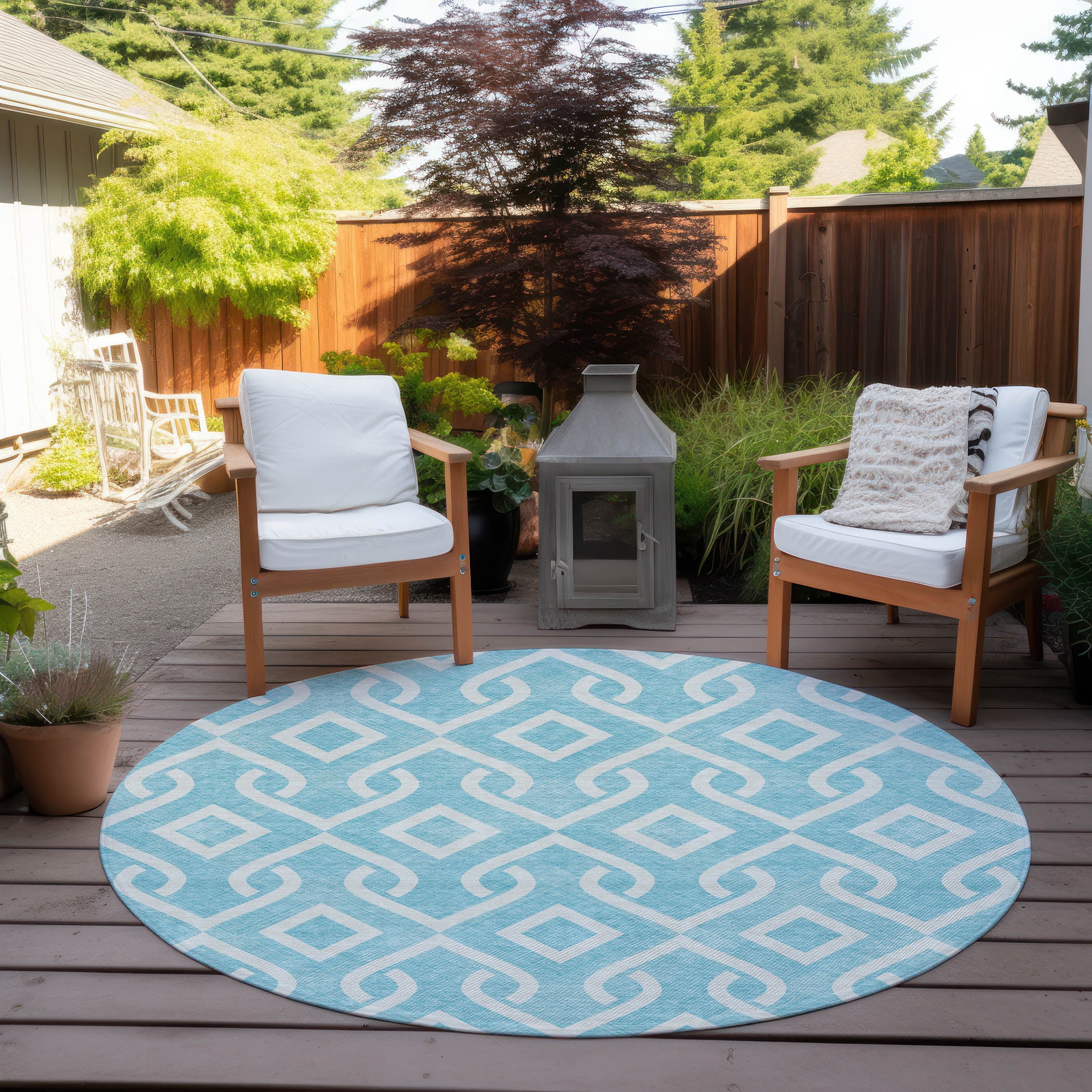 Addison Rugs Chantille Indoor/Outdoor Transitional Geometric Aqua Washable Round Rug, 8' x 8'
