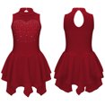 thumbnail image 3 of Vestido de baile de Jazz para niñas, sin mangas, escote redondo, estilo de telas combinadas, lentejuelas brillantes, dobladillo Irregular, traje de leotardos de baile, 3 of 5