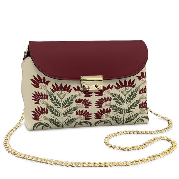 Pzuqiu Flower Print Women Leather Crossbody Bag Metal Chain Strap Versatile Small Leather Crossbody Bags for Women Craftsmanship Vintage Trendy for Daily Life