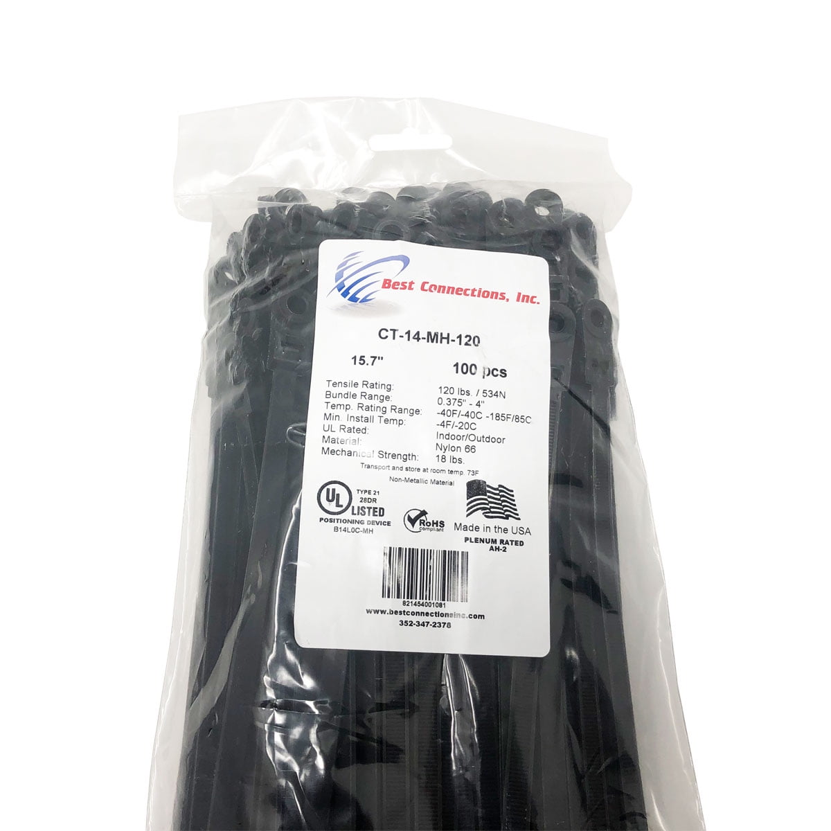 Made in the USA Cable Zip Ties 2000pcs Heavy Duty 120lb 14" UV Resistant Black 