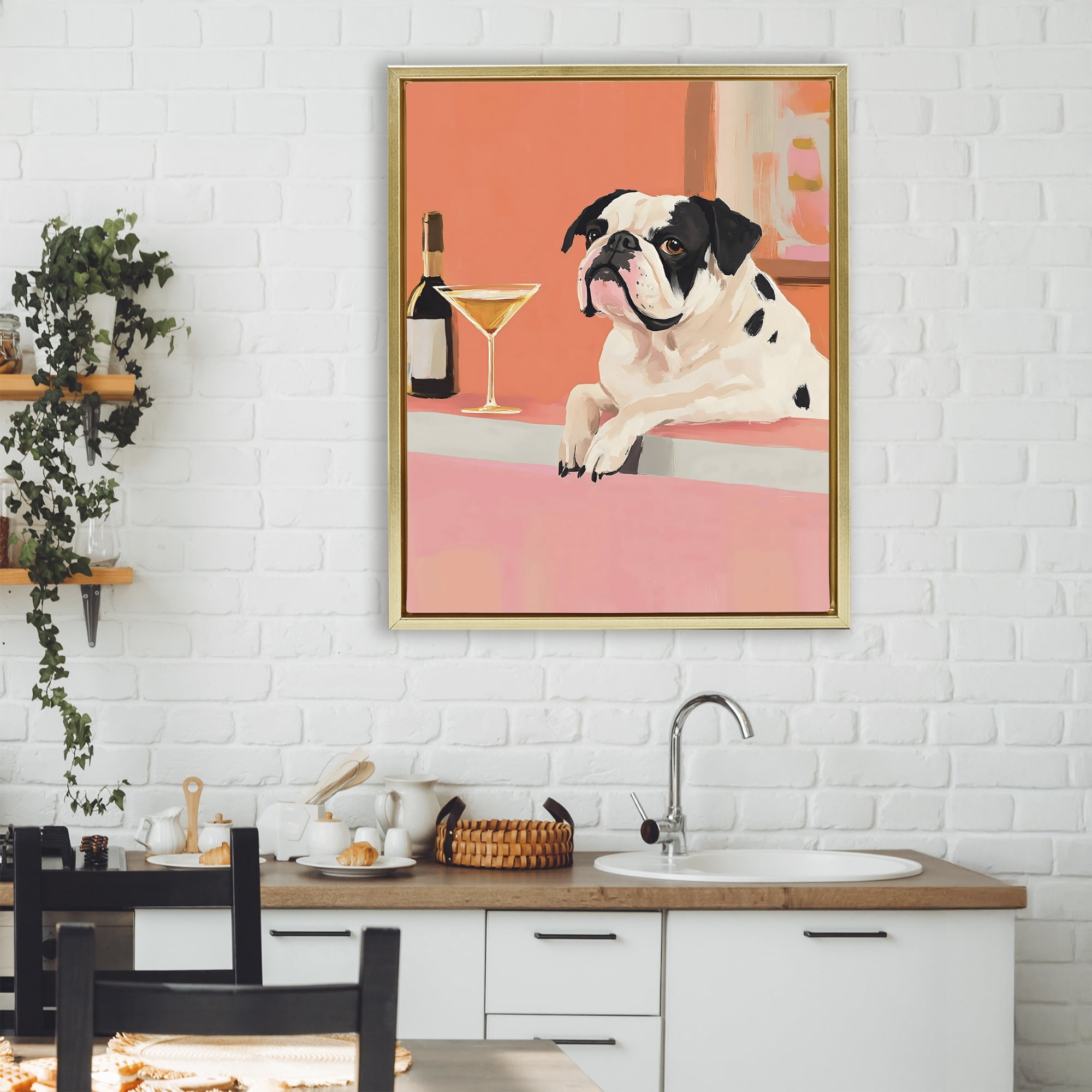 Stupell Industries Bulldog at Martini Lounge Gold Framed Floater Canvas Wall Art, design by The Prints Vibe